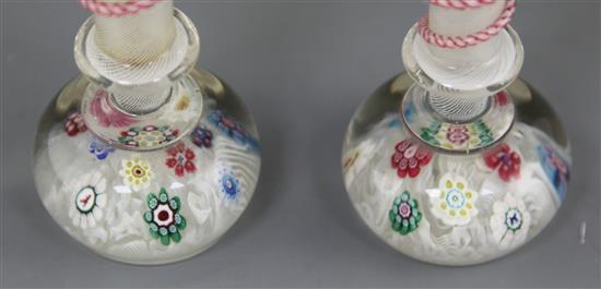 A pair of French millefleur glass paperweight pen holders / vases, possibly 19th century, height 14cm